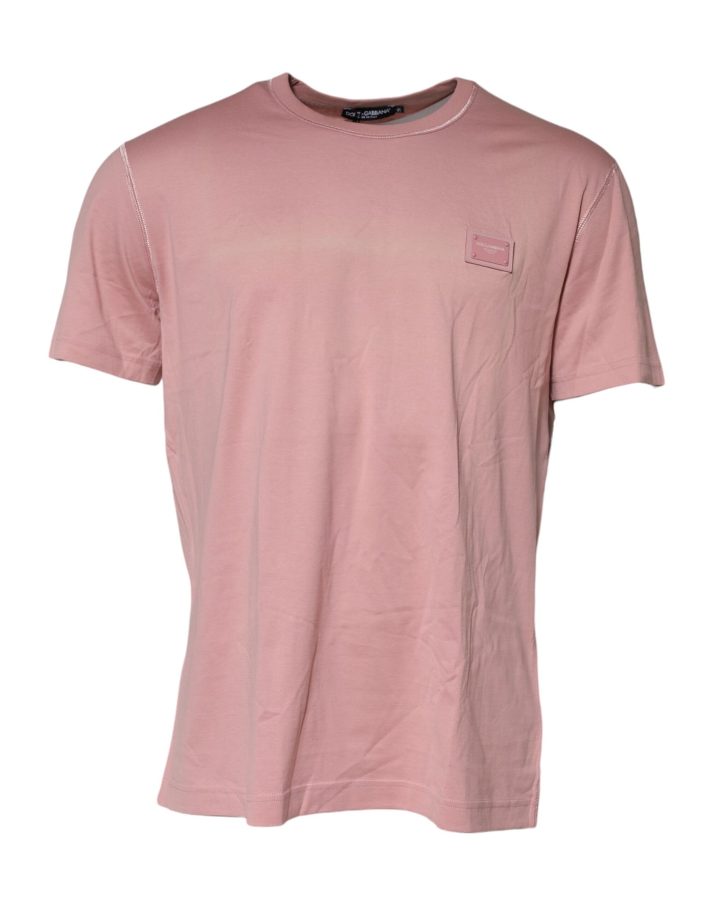 Dolce &amp; Gabbana Pink Logo Plaque Cotton Crew Neck T-shirt