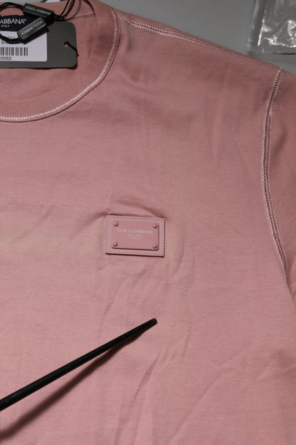 Dolce &amp; Gabbana Pink Logo Plaque Cotton Crew Neck T-shirt