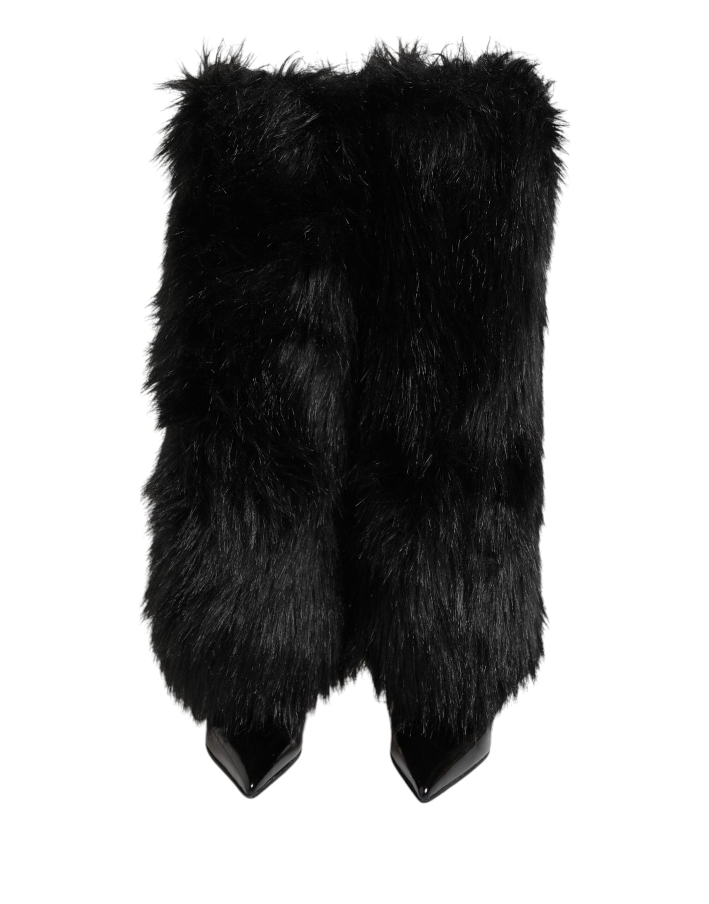 Dolce &amp; Gabbana Black Faux Fur Pointed Knee High Stiletto Boots Shoes