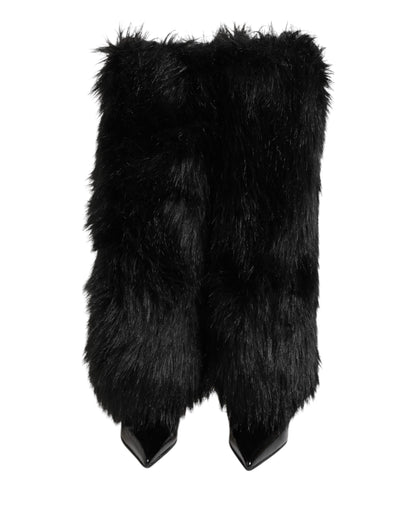 Dolce &amp; Gabbana Black Faux Fur Pointed Knee High Stiletto Boots Shoes