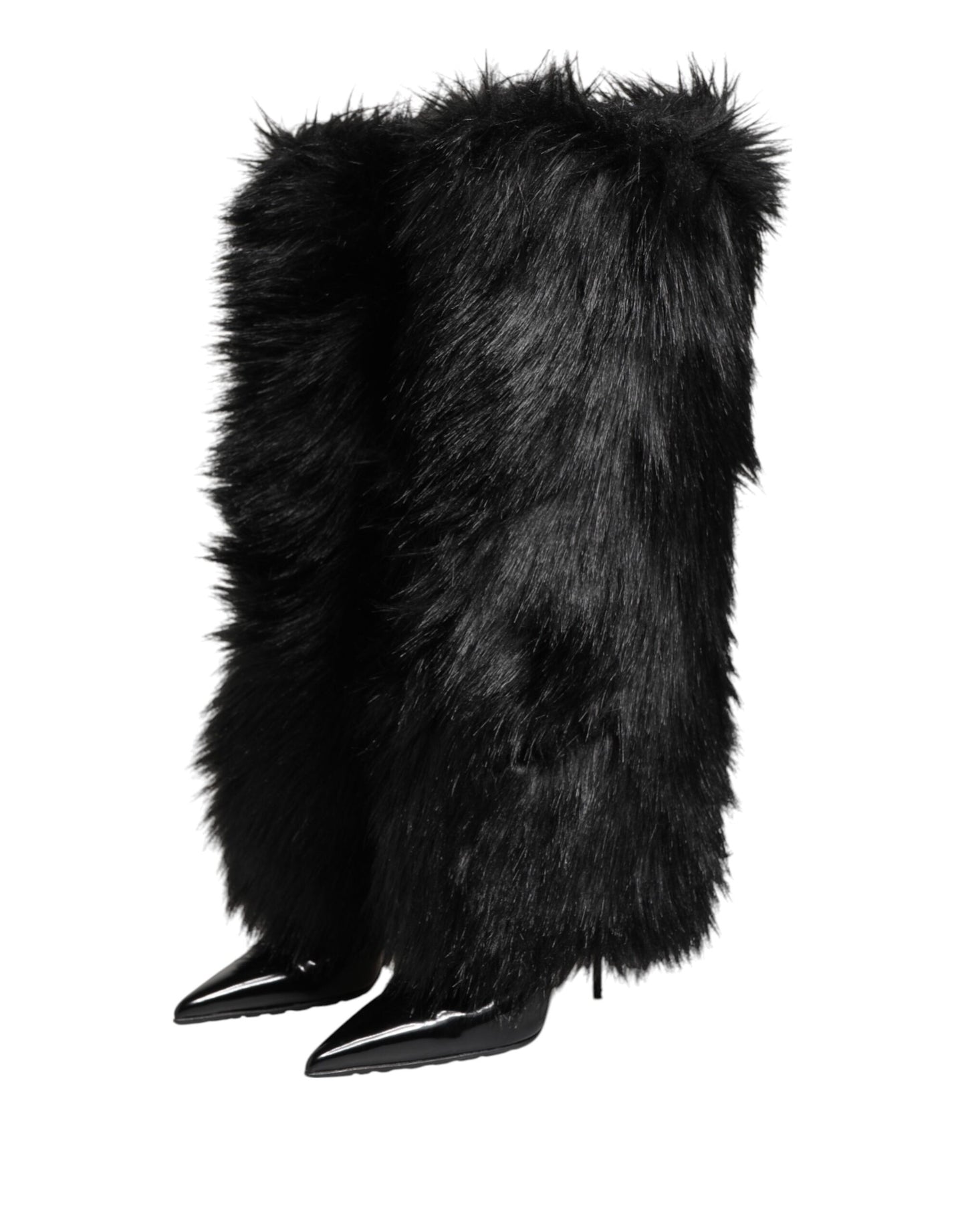 Dolce &amp; Gabbana Black Faux Fur Pointed Knee High Stiletto Boots Shoes