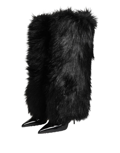 Dolce &amp; Gabbana Black Faux Fur Pointed Knee High Stiletto Boots Shoes