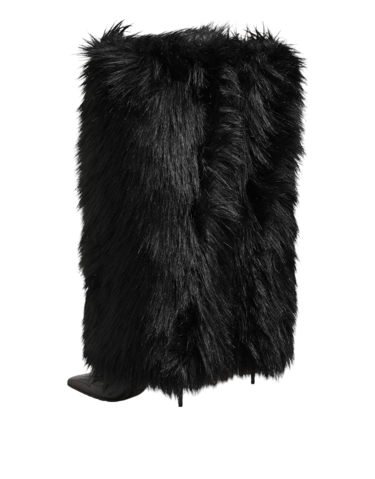 Dolce &amp; Gabbana Black Faux Fur Pointed Knee High Stiletto Boots Shoes