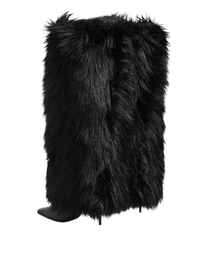 Dolce &amp; Gabbana Black Faux Fur Pointed Knee High Stiletto Boots Shoes