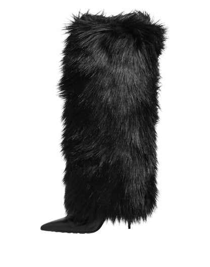 Dolce &amp; Gabbana Black Faux Fur Pointed Knee High Stiletto Boots Shoes