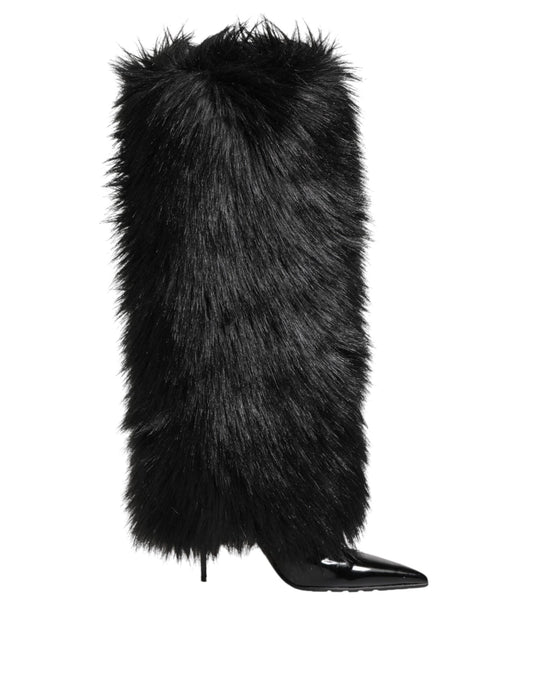 Dolce &amp; Gabbana Black Faux Fur Pointed Knee High Stiletto Boots Shoes
