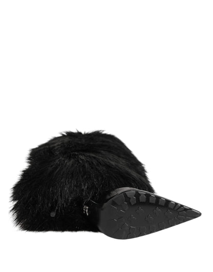 Dolce &amp; Gabbana Black Faux Fur Pointed Knee High Stiletto Boots Shoes