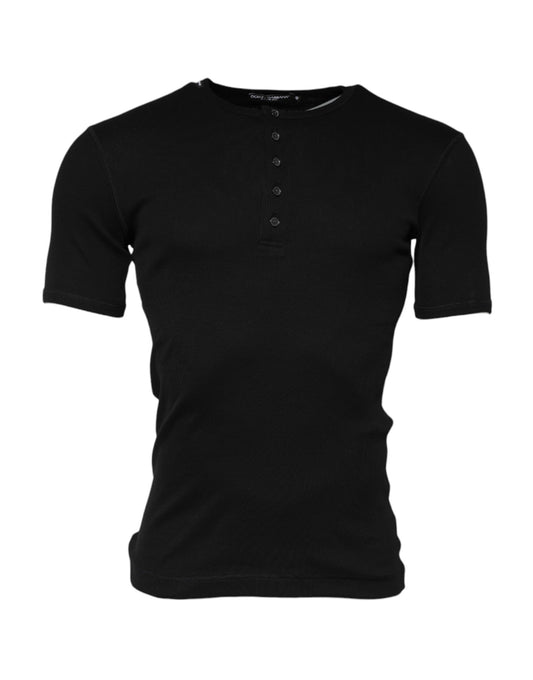 Dolce &amp; Gabbana Black Cotton Knit Crew Neck Henley T-shirt