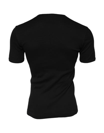 Dolce &amp; Gabbana Black Cotton Knit Crew Neck Henley T-shirt