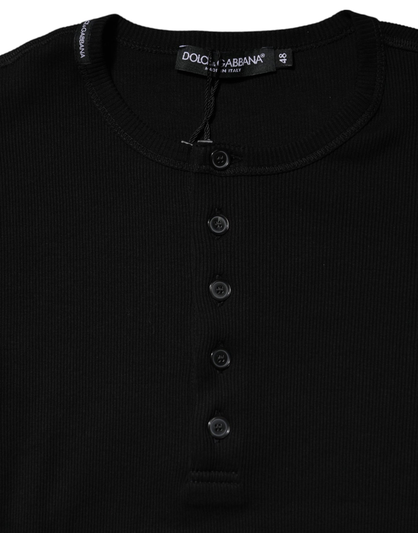 Dolce &amp; Gabbana Black Cotton Knit Crew Neck Henley T-shirt