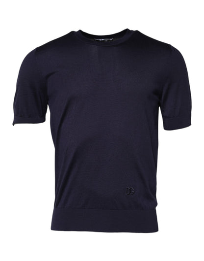 Dolce &amp; Gabbana Dark Blue Silk Crew Neck Short Sleeves T-shirt