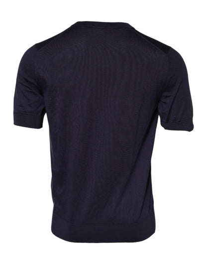 Dolce &amp; Gabbana Dark Blue Silk Crew Neck Short Sleeves T-shirt
