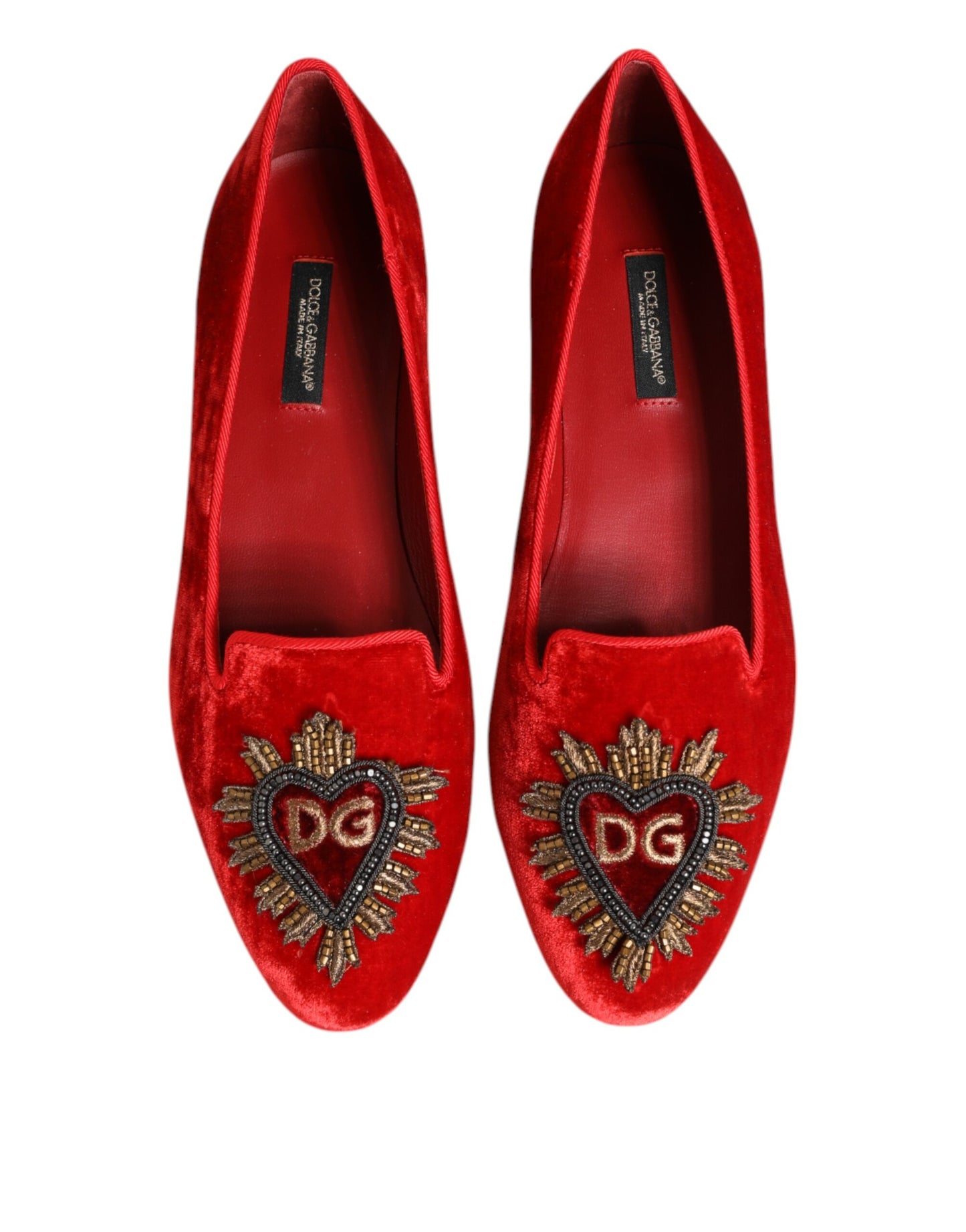 Dolce &amp; Gabbana Red Velvet DG Heart Loafers Flats Shoes