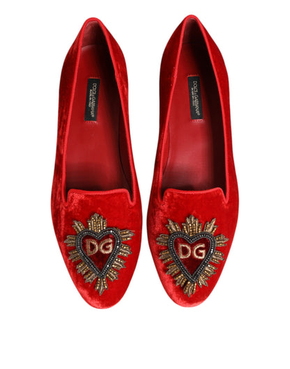 Dolce &amp; Gabbana Red Velvet DG Heart Loafers Flats Shoes