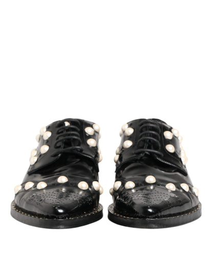 Dolce &amp; Gabbana Black Leather Faux Pearl Dress Broque Shoes