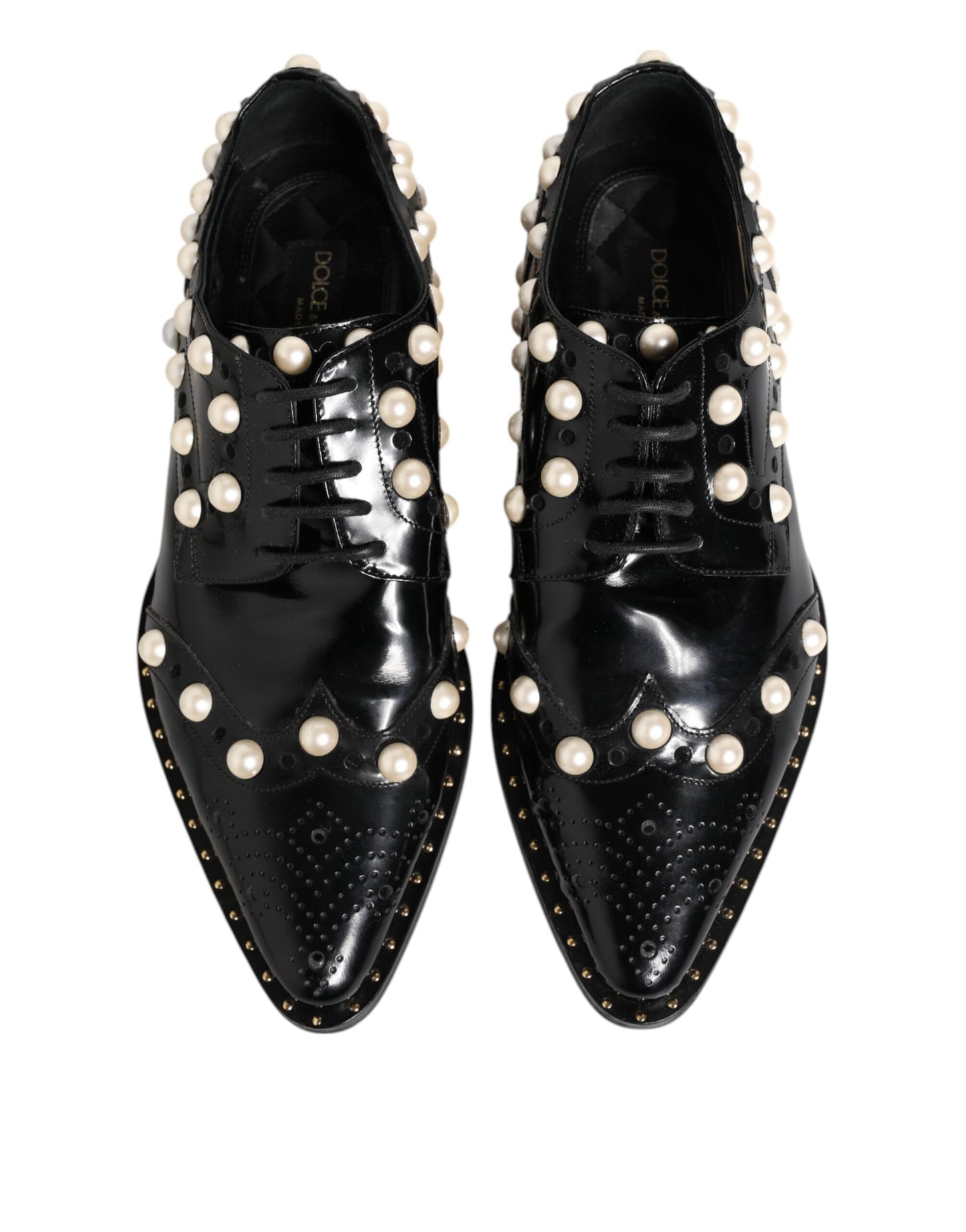 Dolce &amp; Gabbana Black Leather Faux Pearl Dress Broque Shoes