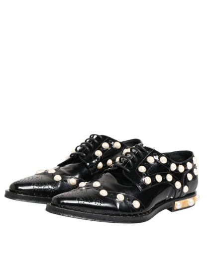 Dolce &amp; Gabbana Black Leather Faux Pearl Dress Broque Shoes