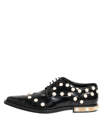 Dolce &amp; Gabbana Black Leather Faux Pearl Dress Broque Shoes