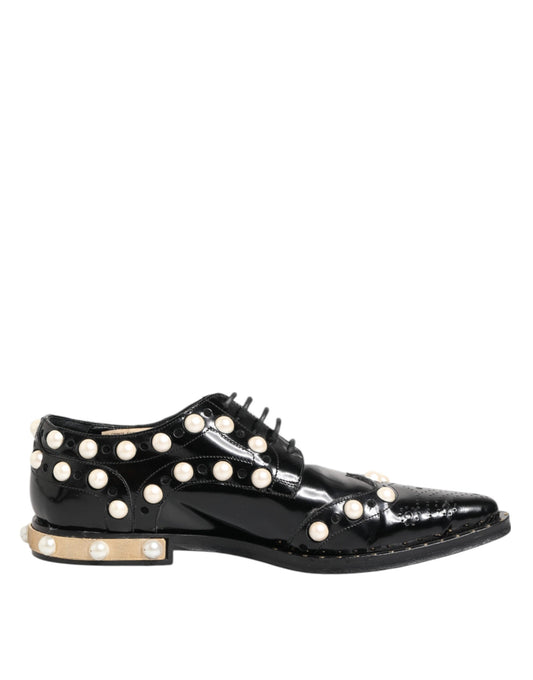 Dolce &amp; Gabbana Black Leather Faux Pearl Dress Broque Shoes