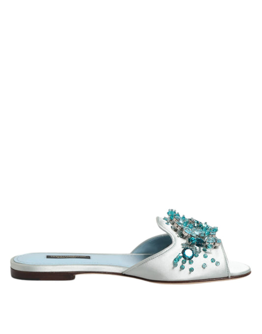 Dolce &amp; Gabbana Silver Blue Leather Bead Embellish Slide Shoes