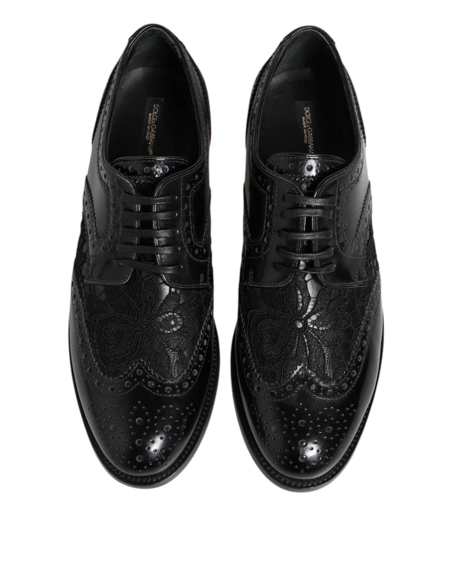 Dolce &amp; Gabbana Black Leather Floral Lace Dress Formal Shoes