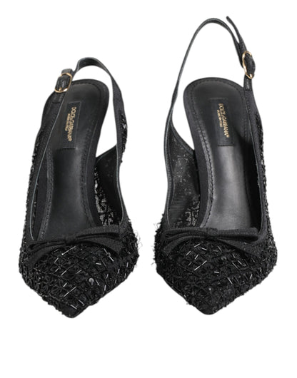 Dolce &amp; Gabbana Black Tulle Ricamo Heels Slingbacks Shoes