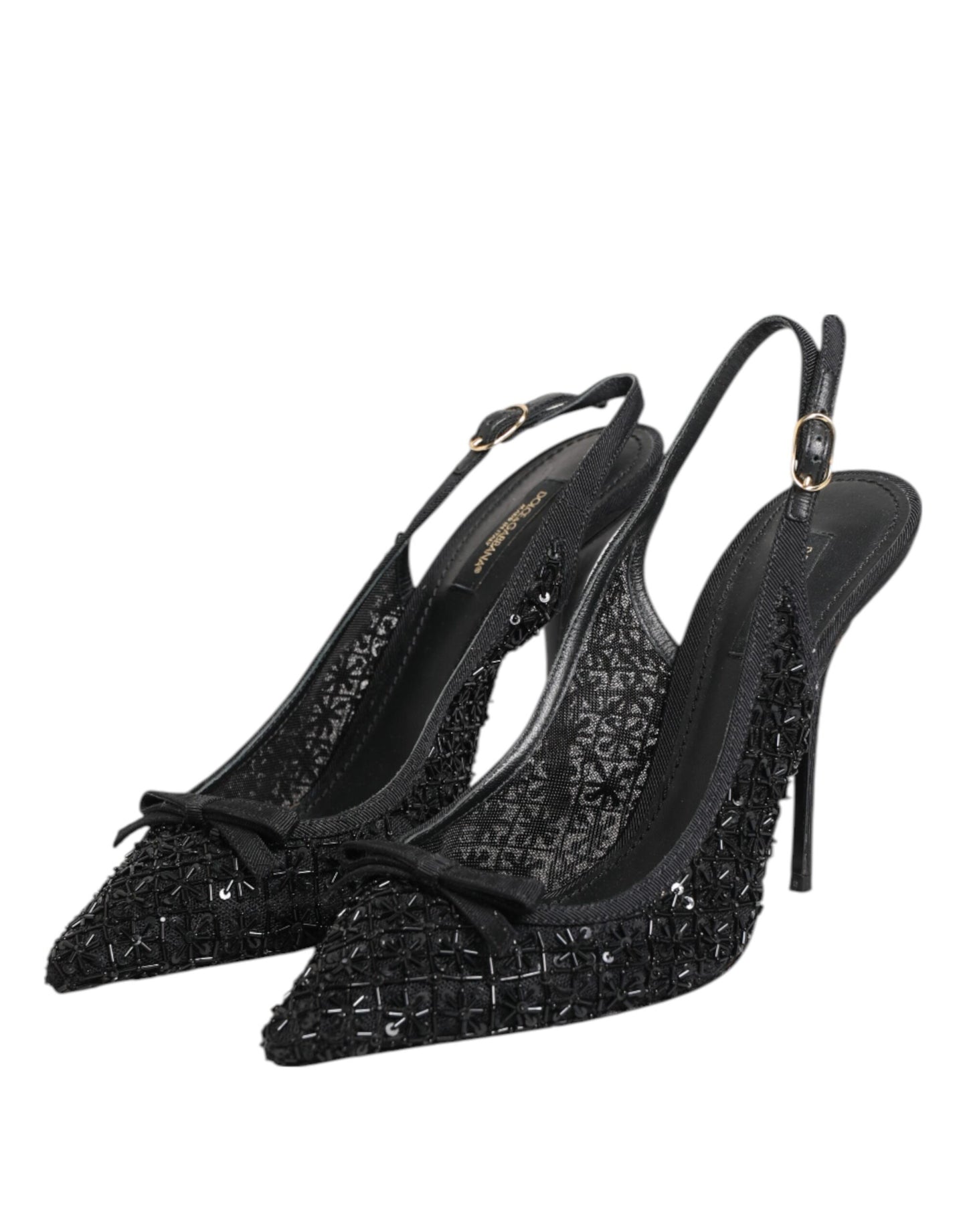 Dolce &amp; Gabbana Black Tulle Ricamo Heels Slingbacks Shoes