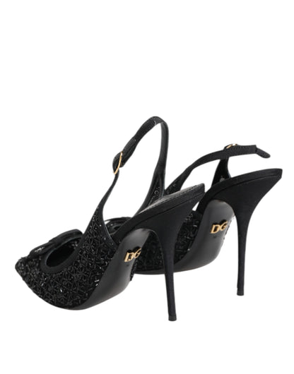 Dolce &amp; Gabbana Black Tulle Ricamo Heels Slingbacks Shoes