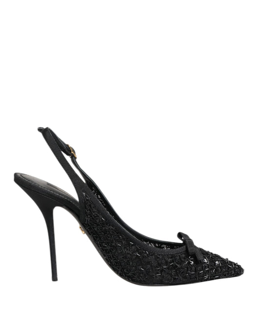 Dolce &amp; Gabbana Black Tulle Ricamo Heels Slingbacks Shoes