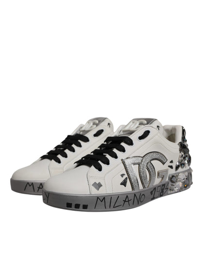 Dolce &amp; Gabbana White Crystal Logo Portofino Sneakers Shoes