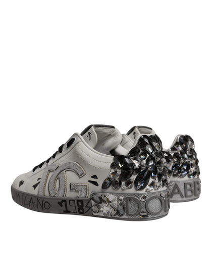 Dolce &amp; Gabbana White Crystal Logo Portofino Sneakers Shoes