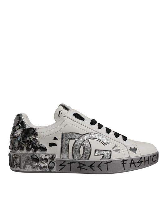 Dolce &amp; Gabbana White Crystal Logo Portofino Sneakers Shoes
