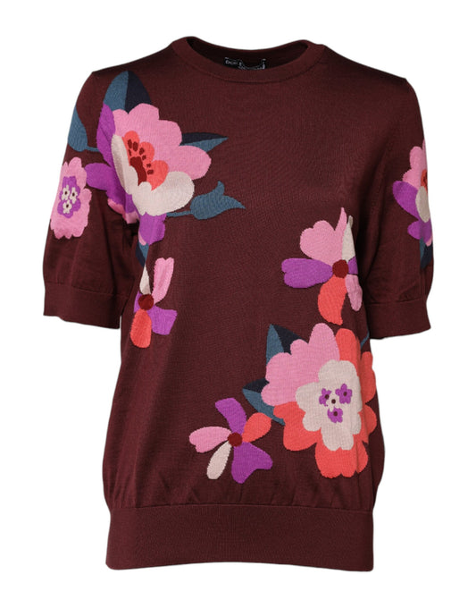 Dolce &amp; Gabbana Maroon Floral Silk Crew Neck Blouse Top