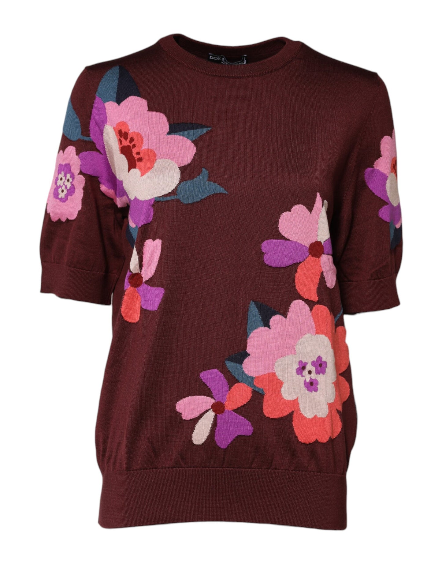 Dolce &amp; Gabbana Maroon Floral Silk Crew Neck Blouse Top