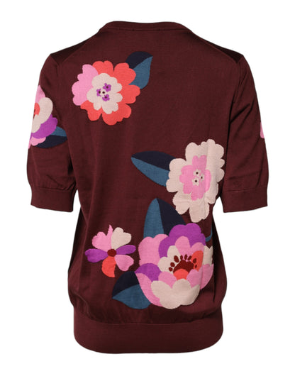 Dolce &amp; Gabbana Maroon Floral Silk Crew Neck Blouse Top