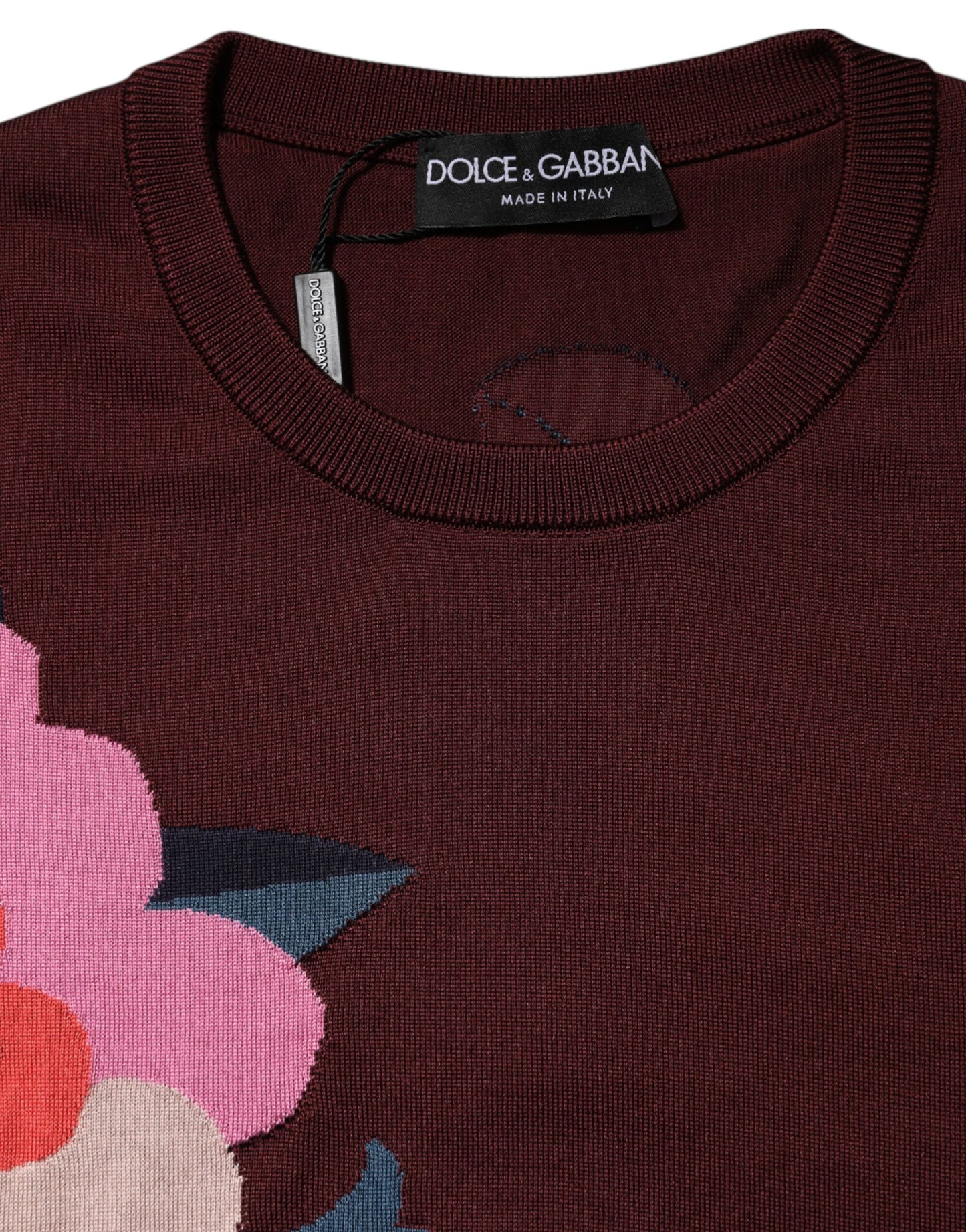 Dolce &amp; Gabbana Maroon Floral Silk Crew Neck Blouse Top