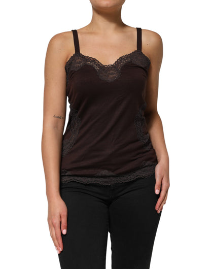 Dolce &amp; Gabbana Dark Brown Lace Trim Wool Sleeveless Tank Top