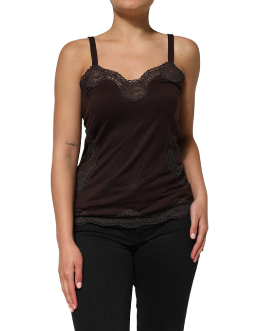 Dolce &amp; Gabbana Dark Brown Lace Trim Wool Sleeveless Tank Top