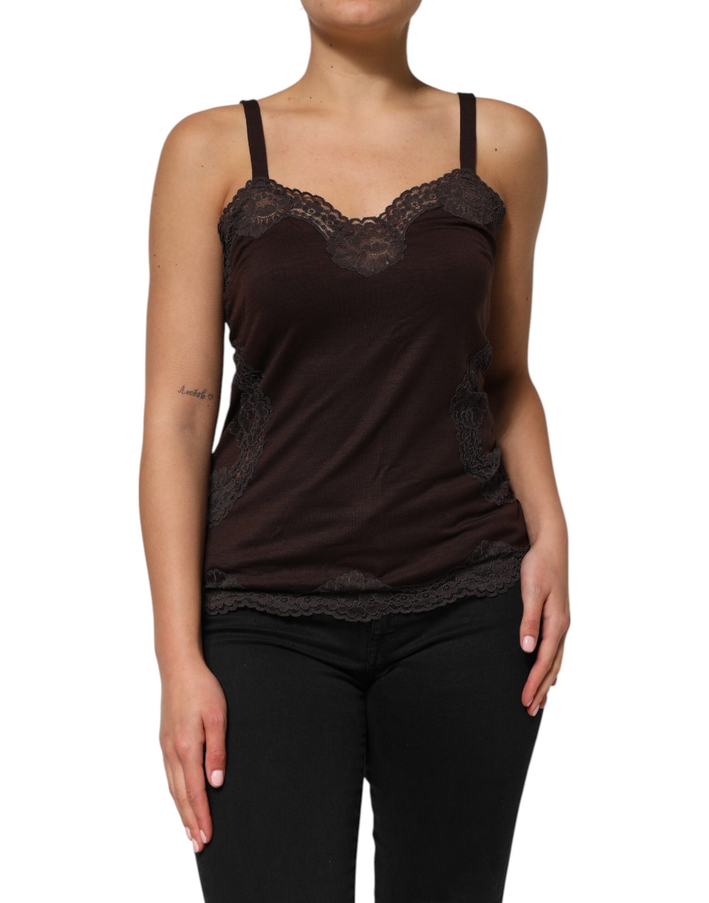 Dolce &amp; Gabbana Dark Brown Lace Trim Wool Sleeveless Tank Top