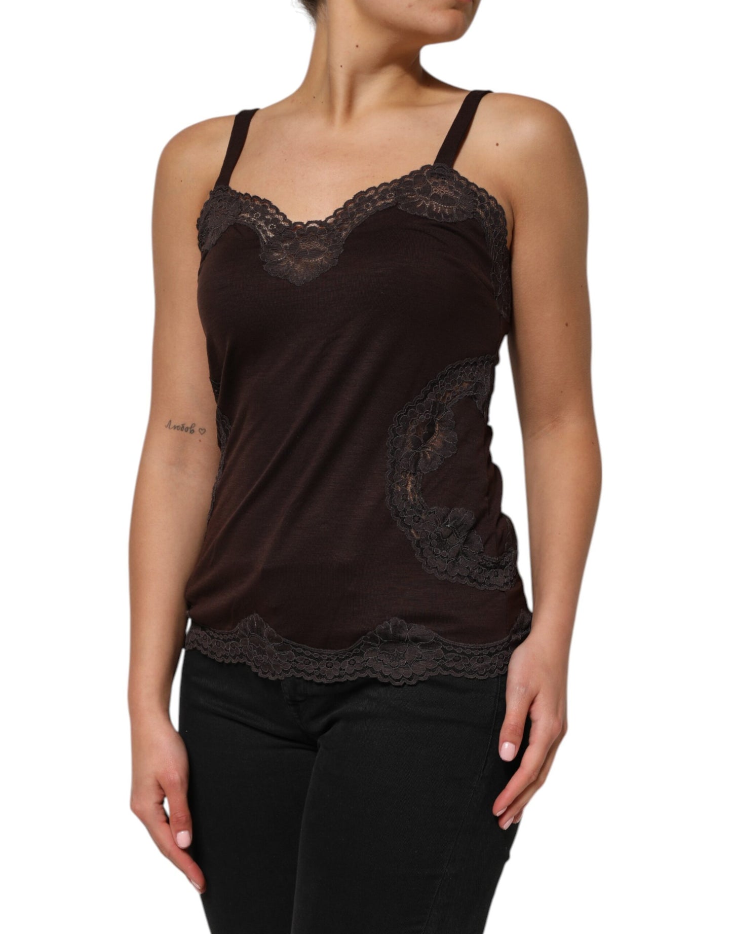 Dolce &amp; Gabbana Dark Brown Lace Trim Wool Sleeveless Tank Top