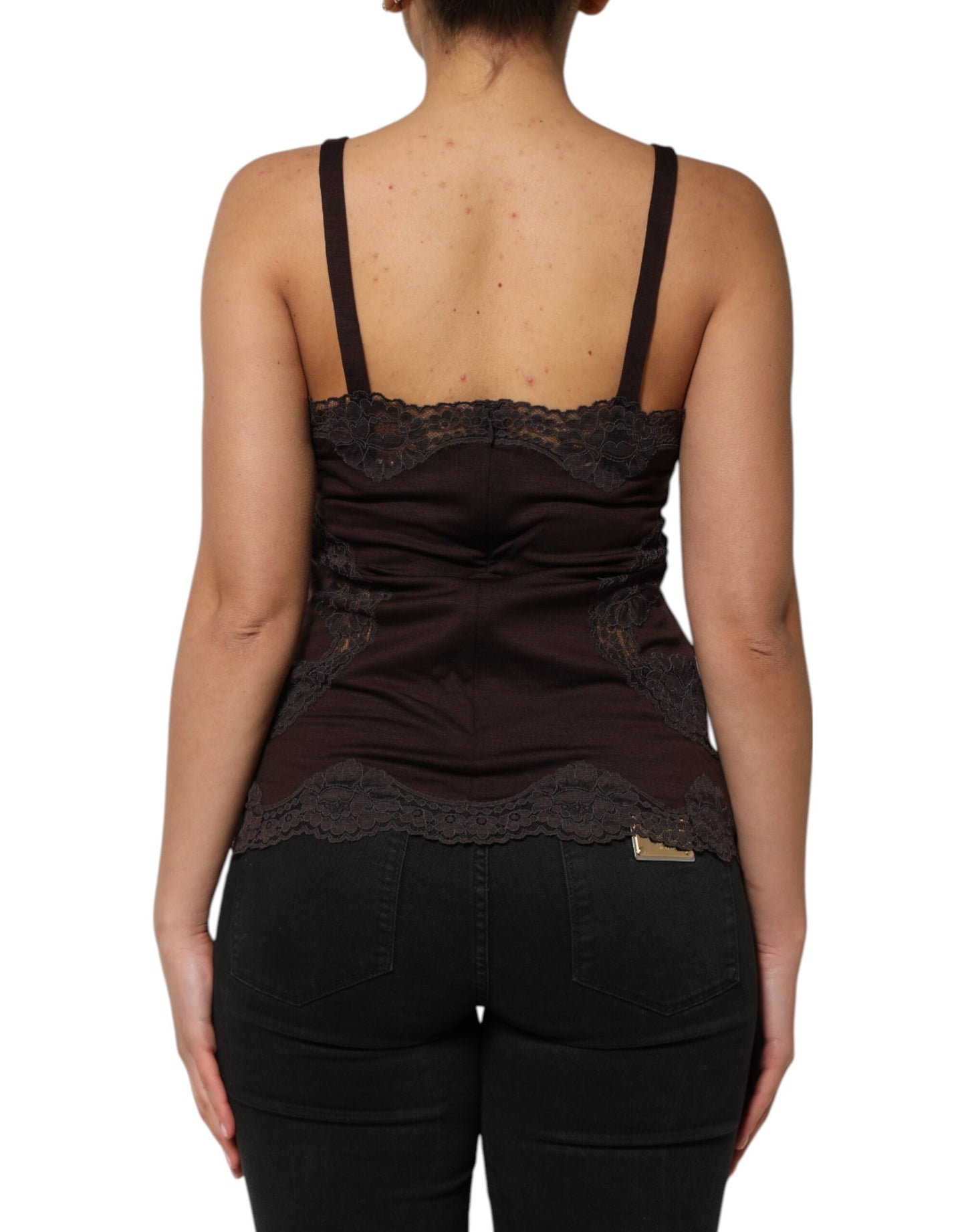 Dolce &amp; Gabbana Dark Brown Lace Trim Wool Sleeveless Tank Top