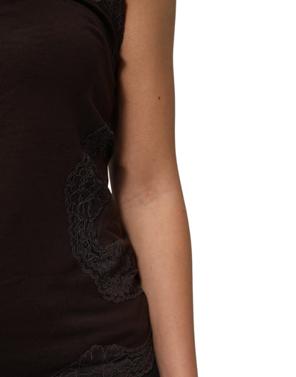 Dolce &amp; Gabbana Dark Brown Lace Trim Wool Sleeveless Tank Top