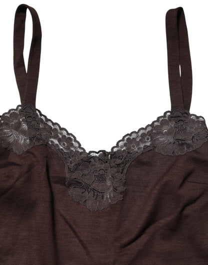 Dolce &amp; Gabbana Dark Brown Lace Trim Wool Sleeveless Tank Top