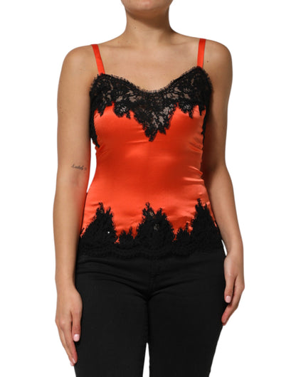 Dolce &amp; Gabbana Red Black Lace Trim Silk Sleeveless Tank Top