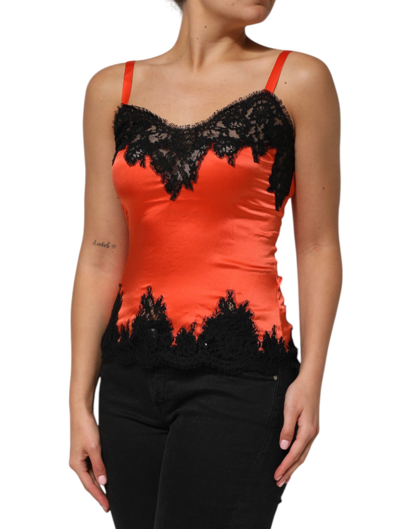 Dolce &amp; Gabbana Red Black Lace Trim Silk Sleeveless Tank Top