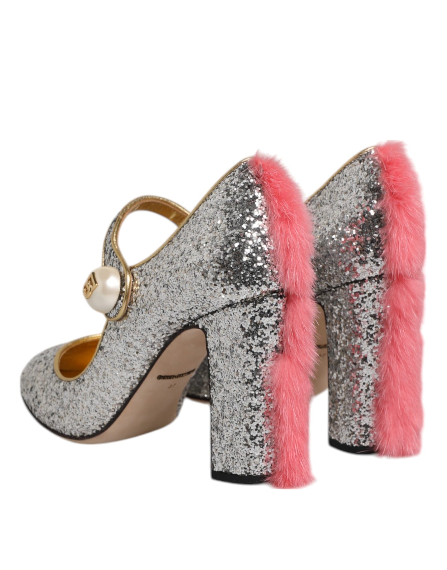 Dolce &amp; Gabbana Silver Glitter Mink Fur VALLY Pumps Shoes