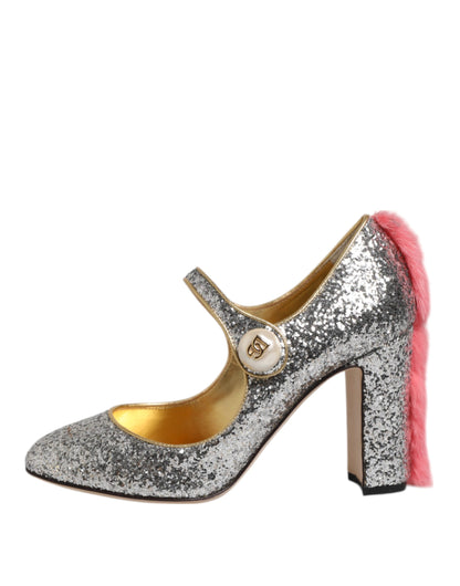 Dolce &amp; Gabbana Silver Glitter Mink Fur VALLY Pumps Shoes
