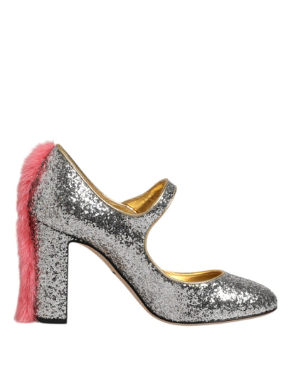 Dolce &amp; Gabbana Silver Glitter Mink Fur VALLY Pumps Shoes