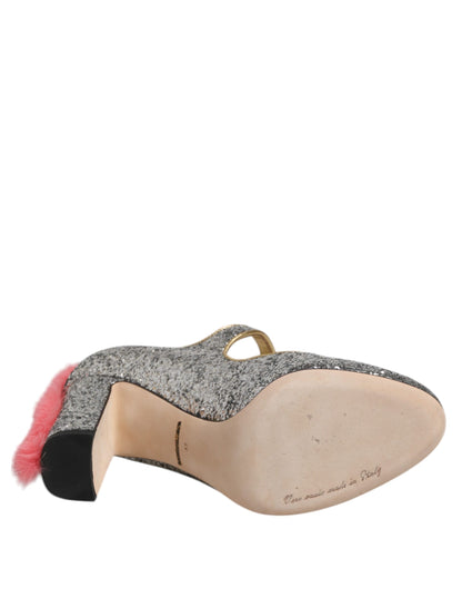 Dolce &amp; Gabbana Silver Glitter Mink Fur VALLY Pumps Shoes