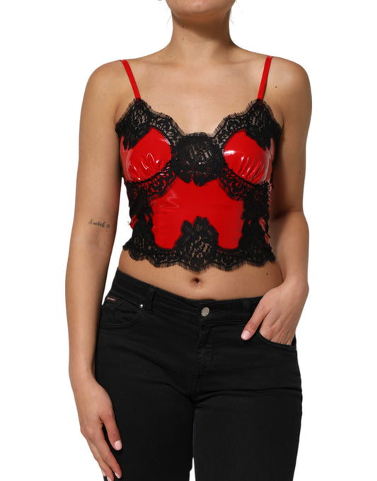 Dolce &amp; Gabbana Red Black Lace Trim Polyester Sleeveless Tank Top